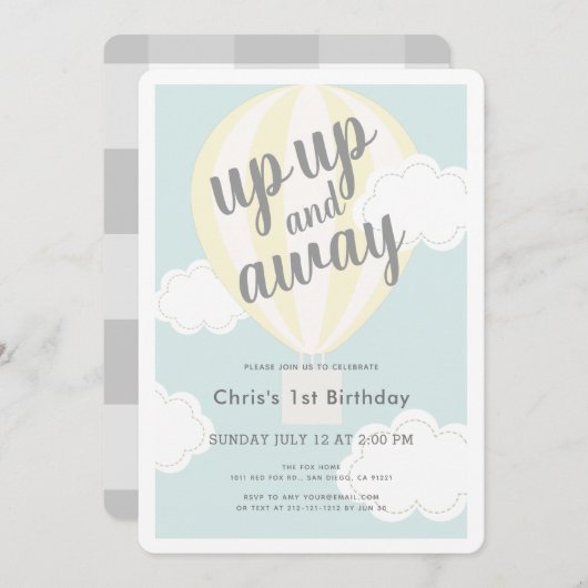 上と黄色の遠くに熱気球1st誕生日 招待状 (正面/裏面)