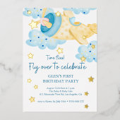 上と黄色の遠くに飛行機誕生日少年 箔招待状 (正面)