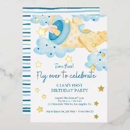 上と黄色の遠くに飛行機誕生日少年 箔招待状