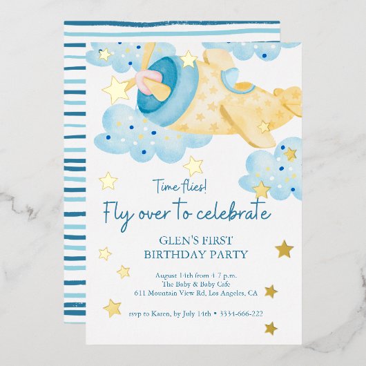 上と黄色の遠くに飛行機誕生日少年 箔招待状 (正面/裏面)