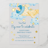 上と黄色遠くにの灰色の飛行機誕生日少年 箔招待状 (正面)