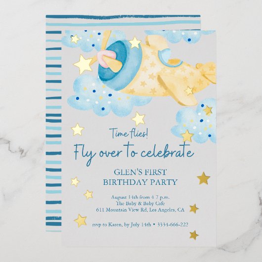 上と黄色遠くにの灰色の飛行機誕生日少年 箔招待状 (正面/裏面)
