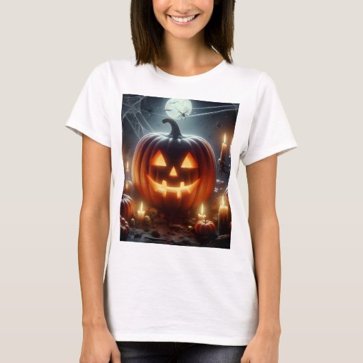 上にクモの巣を持つハロウィーンのカボチャ Tシャツ (正面)