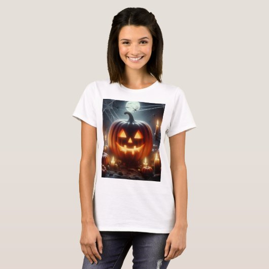 上にクモの巣を持つハロウィーンのカボチャ Tシャツ (正面フル)