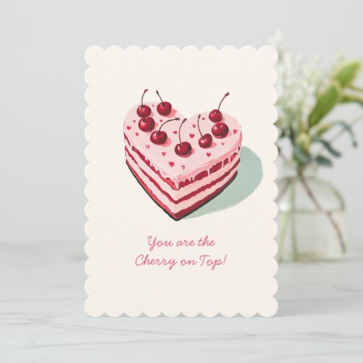 上にチェリーが乗ったかわいいハートのケーキ バレンタインデー シーズンカード (スタンド正面)