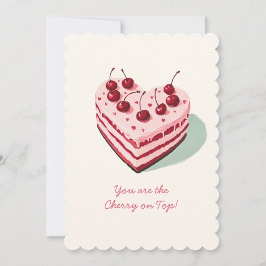 上にチェリーが乗ったかわいいハートのケーキ バレンタインデー シーズンカード (正面)