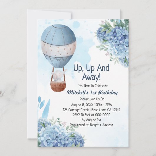 上に上がって男遠くにの子の熱気球の象 招待状 (正面)