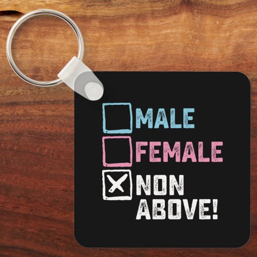 上に女性の男性！トランスジェンダーおもしろいゲイ キーホルダー (正面)