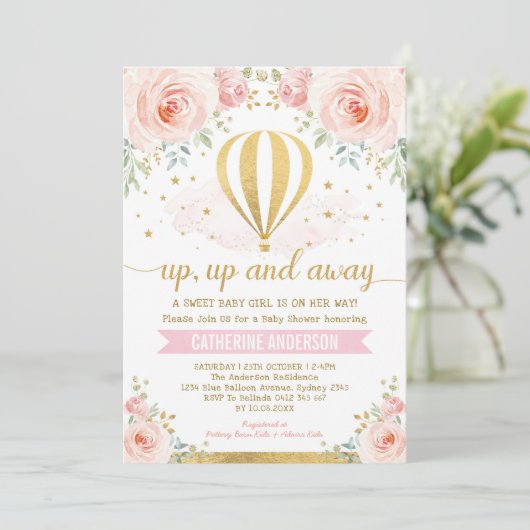 上に熱い空遠くに気球の女の子ベビーシャワー 招待状 (スタンド正面)