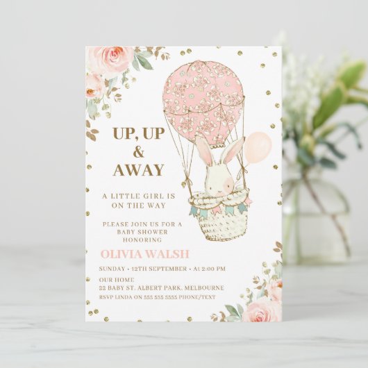 上に熱い空遠くに気球ピンクの赤ちゃんシャワー 招待状 (スタンド正面)