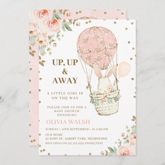 上に熱い空遠くに気球ピンクの赤ちゃんシャワー 招待状 (正面/裏面)