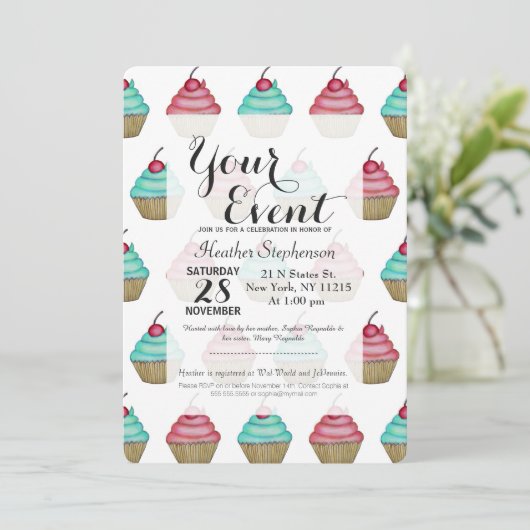 上のさくらんぼが付いているかわいいピンク及び青いカップケーキ 招待状 (スタンド正面)