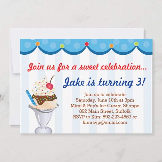 上のアイスクリームのパーティの招待状で振りかけます(青い) 招待状 (正面)