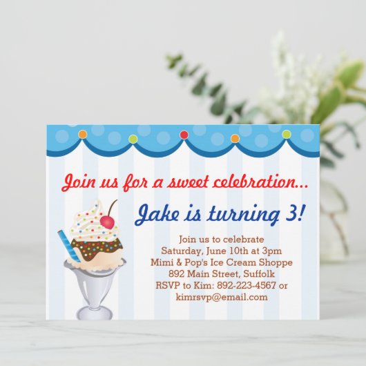 上のアイスクリームのパーティの招待状で振りかけます(青い) 招待状 (スタンド正面)