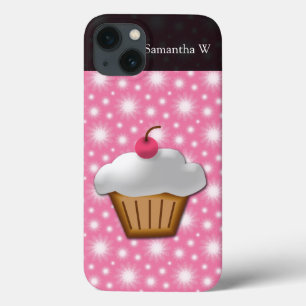 上のピンクのさくらんぼが付いている切り出しのカップケーキ iPhone 13ケース