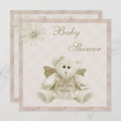 上の天使のテディの中立ベビーシャワーから送られる 招待状 (正面/裏面)