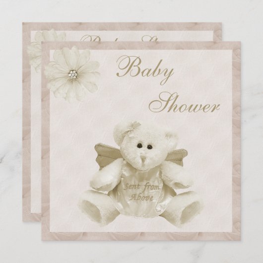 上の天使のテディの中立ベビーシャワーから送られる 招待状 (正面/裏面)