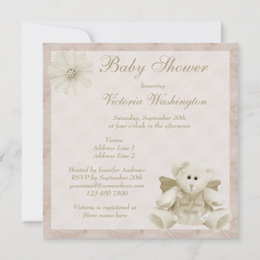 上の天使のテディの中立ベビーシャワーから送られる 招待状 (裏面)