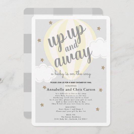 上の熱遠くに気球の黄色の赤ちゃんシャワー郵便 招待状 (正面/裏面)