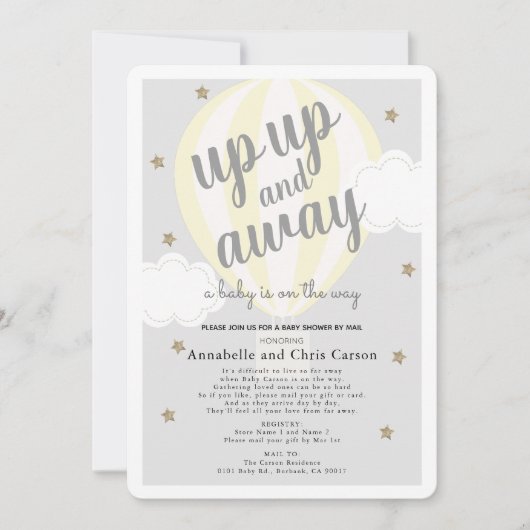 上の熱遠くに気球の黄色の赤ちゃんシャワー郵便 招待状 (正面)