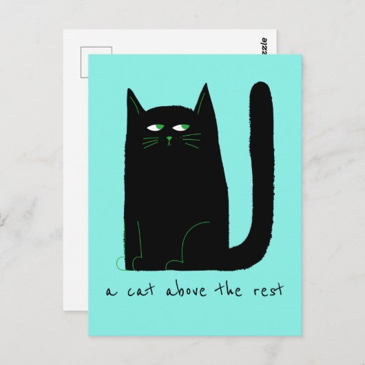 上の猫のかわいい猫ユーモア黒のティール(緑がかった色) ポストカード (正面/裏面)