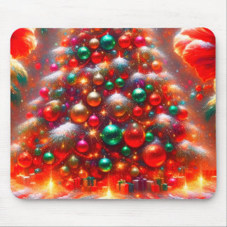 上の緑と赤と黄色のクリスマスツリーの飾り マウスパッド
