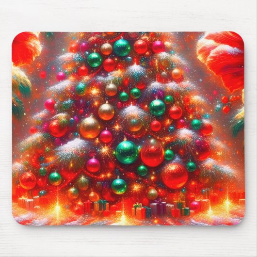 上の緑と赤と黄色のクリスマスツリーの飾り マウスパッド (正面)
