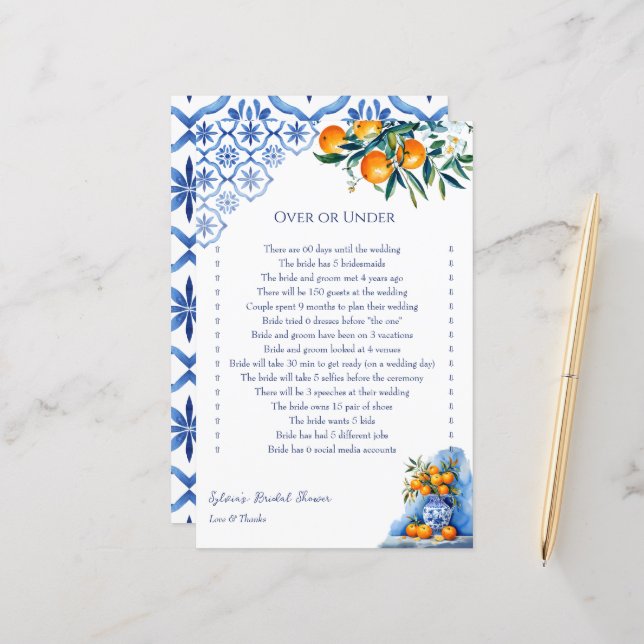 上または下の青いタラベラブライダルシャワーゲーム (正面/裏面インサイチュ)