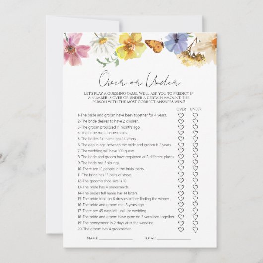 上または下 |ボーブライダルシャワーゲームカード 招待状 (正面)