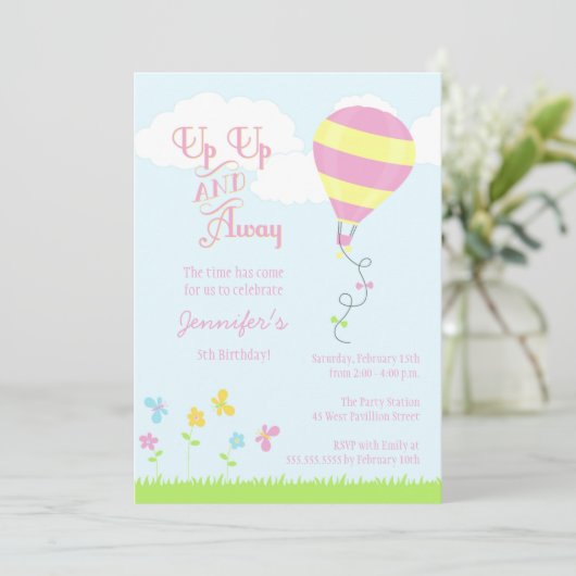 上りおよび遠くにの上で熱気は女の子の誕生会を風船のようにふくらませます 招待状 (スタンド正面)