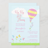 上りおよび遠くにの上で熱気は女の子の誕生会を風船のようにふくらませます 招待状 (正面/裏面)