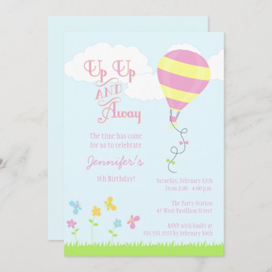 上りおよび遠くにの上で熱気は女の子の誕生会を風船のようにふくらませます 招待状 (正面/裏面)
