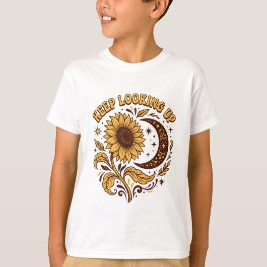 上を見上げて レトロ ひまわり 月 Tシャツ (正面)
