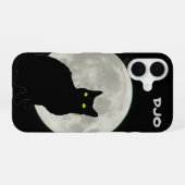 上を見上げる黒猫と満月 iPhone 16ケース (裏面横)
