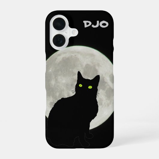 上を見上げる黒猫と満月 iPhone 16ケース (裏面)