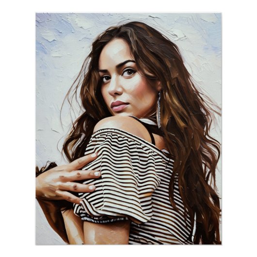 上エレガントにポーズを付けストライプのた女性 ポスター (正面)