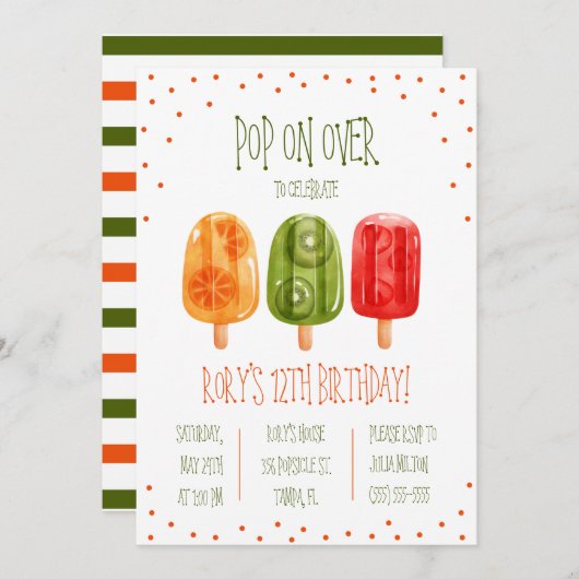 上ポップ・アートのだ!ポプシクルをテーマにした誕生日パーティー 招待状 (正面/裏面)