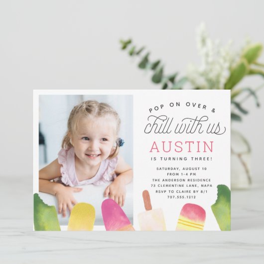 上ポップ・アートのに | Popsicle子供の誕生日パーティー写真 招待状 (スタンド正面)