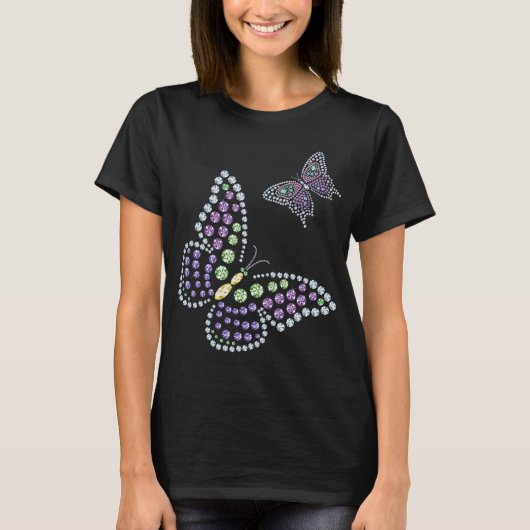 上ラインストーンのButterflysのダイヤモンドの女性 Tシャツ (正面)