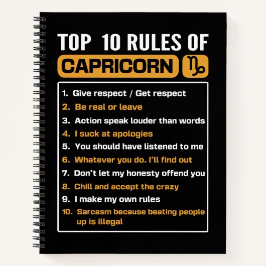 上位10の山羊座規則、山羊座ファクト特性 ノートブック (正面)
