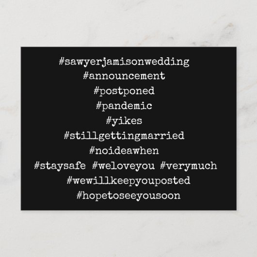 上位12個のハッシュタグ黒延期結婚の ポストカード (正面)