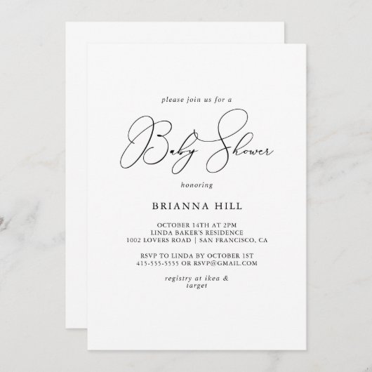 上品でシックなミニマリストのベビーシャワー 招待状 (正面/裏面)
