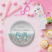 上品でフェイクなティール(緑がかった色)の弓銀のスパンコールの結婚 ペーパープレート (パーティー)