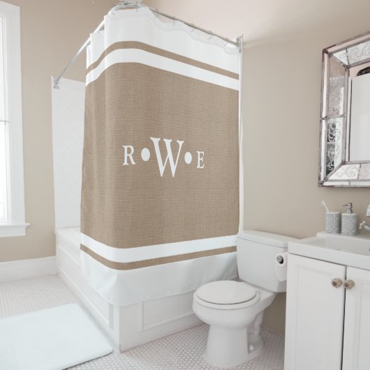 上品で白くフェイクなバーラップのきれいな白のボーダー シャワーカーテン (インサイチュ)