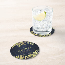 上品で華やかなネイビーブルーと金ゴールド冬の結婚式 ラウンドペーパーコースター
