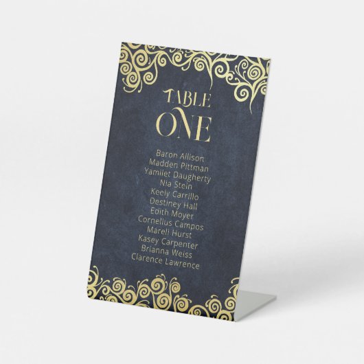 上品で華やかなネイビーブルーと金ゴールド冬の結婚式 台座サイン (正面)