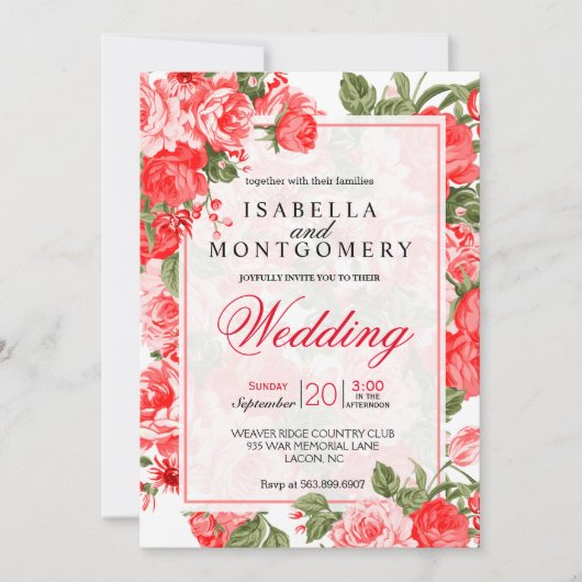 上品で赤い花の結婚式 招待状 (正面)