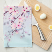 上品なさくらんぼの花の風景ピンクブルー キッチンタオル (四つ折り)