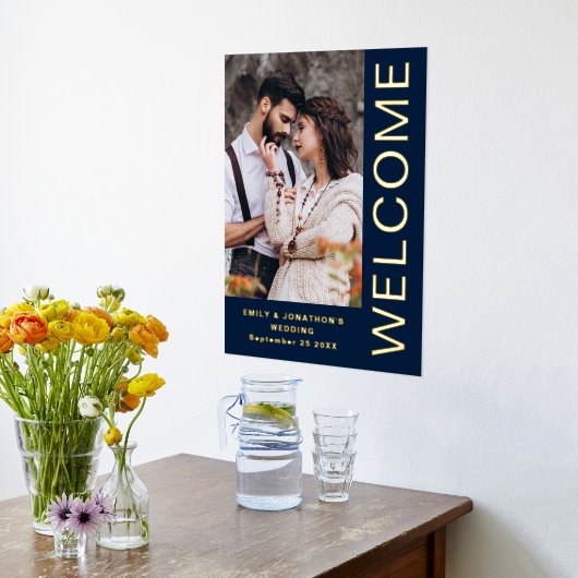 上品なはっきりした文字フォトフォトウェルカム結婚のネイビーブルー 箔ポスター (レイダウン (キッチン))