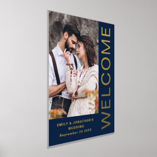 上品なはっきりした文字フォトフォトウェルカム結婚のネイビーブルー 箔ポスター (レイダウン)